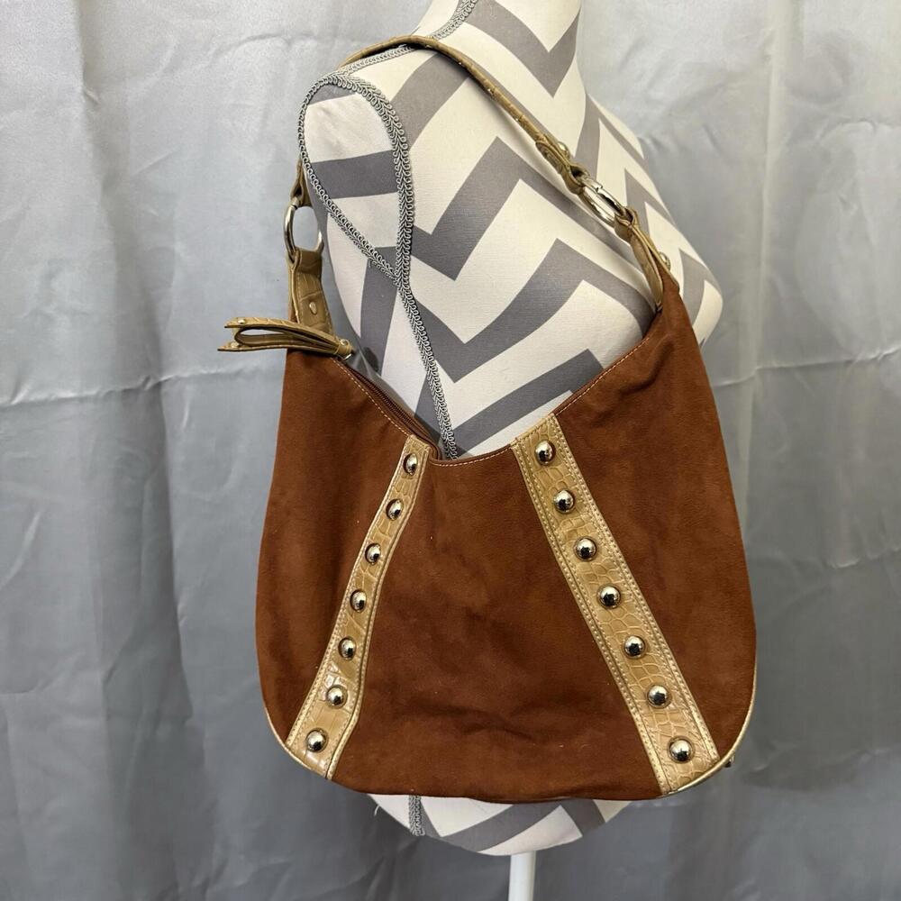 Genna De Rossi Faux Suede Studded Shoulder Bag – Brown & Beige, Zip Closure